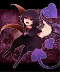  arano_oki asymmetrical_wings black_dress black_legwear bow breasts dress highres houjuu_nue letterboxed medium_breasts middle_finger open_mouth outstretched_arm outstretched_hand pantyhose purple_hair red_eyes short_sleeves smile solo space tongue tongue_out touhou wings 