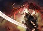  artist_name bare_shoulders detached_sleeves fingerless_gloves fire_emblem fire_emblem:_kakusei gloves long_hair paula_biedma red_eyes red_hair reverse_grip selena_(fire_emblem) solo sword twintails watermark weapon web_address 