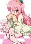  bad_source cannibalism eating highres laces long_hair looking_at_viewer pink_eyes pink_hair serious shoes sitting solo thighhighs zeshgolden 
