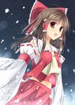  bad_id bad_pixiv_id bow brown_hair detached_sleeves hair_bow hair_tubes hakurei_reimu leyte long_hair looking_at_viewer open_mouth red_eyes skirt sky solo star_(sky) starry_sky touhou 