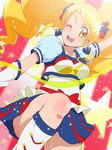  alternate_form blonde_hair blue_skirt boots cure_honey earrings happinesscharge_precure! heart heart_earrings jewelry knee_boots multicolored multicolored_clothes multicolored_skirt one_eye_closed oomori_yuuko open_mouth popcorn_cheer precure puffy_sleeves ribbon skirt solo tj-type1 yellow_eyes 