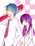  1boy 1girl ao_no_exorcist couple embarrassed eyebrows hime_eyebrows kamiki_izumo necktie okumura_rin ribbon school_uniform shirt smile twintails 