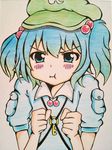  :t bad_id bad_pixiv_id blue_eyes blue_hair blush_stickers clenched_hands colored_pencil_(medium) grey_background hair_bobbles hair_ornament hat highres holding_breath kawashiro_nitori key looking_at_viewer meme-tan_(bana_nan26) millipen_(medium) pout short_hair short_sleeves simple_background solo touhou traditional_media two_side_up upper_body 