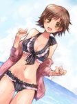  bad_id bad_pixiv_id beach bikini breasts brown_eyes brown_hair cleavage dutch_angle frilled_bikini frills front-tie_top highres honda_mio idolmaster idolmaster_cinderella_girls large_breasts looking_at_viewer navel ocean open_mouth outdoors paopao shiny shiny_skin short_hair smile solo standing striped swimsuit tan tanline thigh_gap vertical-striped_bikini vertical_stripes water wet 
