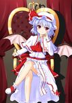  adapted_costume ascot bat_wings blue_hair blush boushi_(nandemo) bow capelet crossed_legs curtains dress gem hand_on_own_cheek hat hat_ribbon highres jewelry legs long_sleeves looking_at_viewer red_bow red_eyes red_ribbon remilia_scarlet ribbon shoes short_hair sitting smile solo throne touhou white_dress wings 