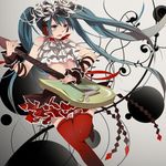  aqua_eyes aqua_hair bless_you_(module) electric_guitar flower guitar hair_flower hair_ornament hatsune_miku headphones instrument jikei left-handed long_hair nisoku_hokou_(vocaloid) open_mouth project_diva_(series) project_diva_f_2nd red_legwear skirt solo thighhighs twintails very_long_hair vocaloid 