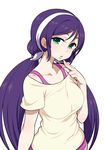  blush breasts chan_co green_eyes large_breasts long_hair looking_at_viewer love_live! love_live!_school_idol_project off_shoulder purple_hair shirt simple_background solo t-shirt toujou_nozomi twintails upper_body white_background 