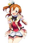  ;d bad_id bad_pixiv_id bangs black_bow black_neckwear blue_eyes bow bowtie brown_hair clenched_hand cowboy_shot double-breasted earrings feathers hair_feathers hair_ornament hairpin jewelry kousaka_honoka long_sleeves looking_at_viewer love_live! love_live!_school_idol_project one_eye_closed one_side_up open_mouth orange_hair pleated_skirt salute short_hair simple_background skirt smile solo sore_wa_bokutachi_no_kiseki thigh_strap two-finger_salute white_background ytk_(yutta-p) 
