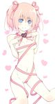  blue_eyes bow breast_bondage breasts character_request chocolate chocolate_heart copyright_request english groin heart kneeling looking_at_viewer medium_breasts naked_ribbon navel patterned_background peragura pink_hair ribbon short_hair smile solo white_background 
