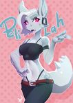  belt big_ears breasts clothed clothing dragon ear_piercing english_text fangs female glowing glowing_eyes grey_hair grey_skin hair midriff nipples open_mouth piercing pointing red_eyes shirt skimpy solo standing tank_top teeth text tongue 