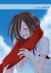  black_hair closed_eyes hair_ornament hairclip happy kagerou_project kouya_(x_okuya_x) long_hair red_scarf scarf school_uniform solo_focus tateyama_ayano 