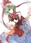  arm_ribbon bad_id bad_twitter_id bow cierra_(ra-bit) floral_background flower frilled_skirt frills green_eyes green_hair hair_bow hair_ornament hair_ribbon kagiyama_hina long_hair long_skirt looking_at_viewer parted_lips puffy_sleeves ribbon shirt short_sleeves simple_background skirt skirt_lift solo touhou white_background 