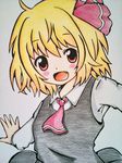  :d ascot bad_id bad_pixiv_id blonde_hair blouse colored_pencil_(medium) fang hair_ribbon highres meme-tan_(bana_nan26) open_mouth outstretched_arms red_eyes ribbon rumia short_hair smile spread_arms touhou traditional_media vest 