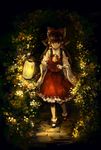  ankle_socks ascot bad_id bad_pixiv_id bow brown_hair chiaroscuro detached_sleeves forest from_above hair_bow hair_tubes hakurei_reimu lantern light long_hair looking_at_viewer mary_janes nature night nosaki path red_eyes road shoes sidelocks skirt skirt_set solo touhou 
