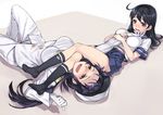  ahoge armbar bad_id bad_pixiv_id between_breasts black_hair black_legwear blush breasts drooling female_admiral_(kantai_collection) gloves hand_between_breasts kantai_collection large_breasts long_hair masochism matsuryuu military military_uniform multiple_girls naval_uniform navel open_mouth purple_eyes school_uniform serafuku skirt thumbs_up uniform ushio_(kantai_collection) white_gloves wrestling yuri 