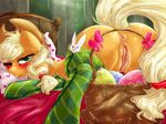  absurd_res anus applejack_(mlp) basket bed blonde_hair blush bow butt cowboy_hat dimwitdog easter egg elbow_gloves equine female feral freckles friendship_is_magic fur gloves green_eyes hair hat hi_res holidays horse inside legwear looking_at_viewer mammal my_little_pony one_eye_closed orange_fur pillow pony pussy solo thigh_highs wink 