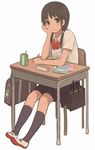  bad_id bad_pixiv_id bag black_legwear blush book brown_eyes brown_hair desk frog full_body juice_box kneehighs original pencil_case school_bag school_desk school_uniform serafuku shoes shopping_bag skirt smile socks solo uwabaki yamauchi_(musuka) 