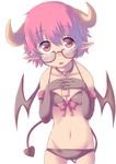  absurdres blush cowboy_shot demon_girl elbow_gloves glasses gloves highres horns navel original pink_eyes pink_hair pointy_ears simple_background solo spirytus_tarou tail white_background wings 