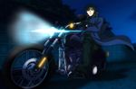  brown_hair fate/stay_night fate_(series) gloves ground_vehicle headlight hogehoge0710 kotomine_kirei looking_at_viewer male_focus motor_vehicle motorcycle night riding solo 