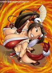  1girl armpits between_breasts breasts brown_eyes brown_hair bursting_breasts clenched_teeth collarbone covered_nipples erect_nipples fan fatal_fury feet fire gloves hair_bun hair_ornament hiar_ornament hips huge_breasts japanese_clothes king_of_fighters kneepits large_breasts legs lips long_hair motion_lines nipples ojosnocturnos panties ponytail pussy revealing_clothes shiny shiranui_mai smile snk solo teeth thighs thong toes underwear white_panties 