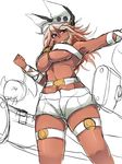  1girl arc_system_works beltbra breasts dark_skin guilty_gear guilty_gear_xrd hat nightmare-doom orange_eyes ramlethal_valentine short_hair short_shorts shorts silver_hair underboob 