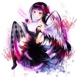  absurdres akemi_homura akuma_homura ayumaru_(art_of_life) bad_id bad_pixiv_id black_gloves black_hair dark_orb_(madoka_magica) dress elbow_gloves feathers gloves hair_ornament hair_ribbon hairband highres long_hair mahou_shoujo_madoka_magica mahou_shoujo_madoka_magica_movie red_eyes red_hairband ribbon smile solo spoilers thighhighs wings 