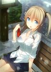  :o absurdres bench black_bra blue_eyes blush bra breasts brown_hair cleavage collarbone highres large_breasts long_sleeves one_side_up open_mouth outdoors park_bench rain see-through shirt sign sitting siva_(executor) sleeves_rolled_up solo underwear water wet wet_clothes wet_shirt 