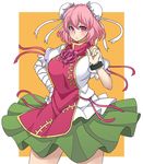  bad_id bad_pixiv_id bandages blush breasts bun_cover chinese_clothes cuffs double_bun finger_wagging flower hand_on_hip ibaraki_kasen index_finger_raised large_breasts michihasu pink_eyes pink_hair rose short_hair skirt solo tabard touhou 
