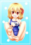  absurdres banned_artist bare_legs barefoot blonde_hair blush breasts fang hair_ribbon highres medium_breasts name_tag one-piece_swimsuit oohirakeisuke open_mouth red_eyes ribbon rumia school_swimsuit short_hair smile solo swimsuit touhou 