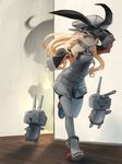  bismarck_(kantai_collection) bismarck_(kantai_collection)_(cosplay) blush chagen_kokimu cosplay detached_sleeves grey_legwear hairband hat highres kantai_collection long_hair long_sleeves military military_uniform peaked_cap rensouhou-chan running shadow shimakaze_(kantai_collection) sleeves_past_wrists solo thighhighs uniform 