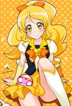  bee blonde_hair blush boots bow bowtie brooch bug character_name cure_honey earrings hair_bow happinesscharge_precure! heart heart_background insect jewel_(the_black_canvas) jewelry knee_boots long_hair magical_girl oomori_yuuko orange_background orange_skirt precure sitting skirt smile solo wide_ponytail wrist_cuffs yellow_eyes 
