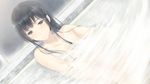  1girl bath bathroom bathtub black_eyes black_hair blush breasts censored convenient_censoring flowers_(game) highres innocent_grey long_hair looking_down nude sitting small_breasts solo steam water wet 