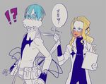  2boys bad_id bad_pixiv_id blonde_hair blue_hair glasses inumuta_houka iori_shirou kill_la_kill labcoat long_hair multiple_boys ponytail short_hair surgical_mask translated uniform yuu_chitose 