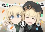  arm_around_shoulder badger banner birthday blonde_hair blue_eyes commentary confetti dachshund dog erica_hartmann german glasses happy_birthday labcoat looking_at_viewer multiple_girls on_head shiraba_(sonomama_futene) short_hair siblings sisters smile strike_witches translated twins uniform ursula_hartmann world_witches_series 