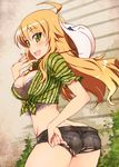  ahoge ass bad_id bad_pixiv_id blonde_hair blush breasts butt_crack cleavage cowboy_hat fringe_trim green_eyes hat hoshii_miki idolmaster idolmaster_(classic) kusanagi_tonbo large_breasts long_hair looking_at_viewer looking_back midriff open_mouth short_shorts shorts smile solo twisted_torso 