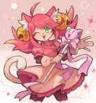  1girl animal_ears bell cat_ears cat_tail gloves green_eyes jingle_bell long_hair mad_mew_mew magical_girl pink_hair pink_ribbon puffy_short_sleeves puffy_sleeves ribbon short_sleeves skirt smile solo tail undertale wand white_gloves wink 