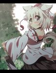  animal_ears bad_id bad_pixiv_id bare_shoulders blush detached_sleeves hat inubashiri_momiji looking_at_viewer pom_pom_(clothes) red_eyes shirt short_hair silver_hair skirt solo sword tail takashiru tokin_hat touhou weapon wolf_ears wolf_tail 