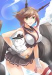  bare_shoulders blue_sky breasts brown_hair cannon chain cleavage cloud day gloves green_eyes haganef hairband headgear kantai_collection large_breasts midriff miniskirt mutsu_(kantai_collection) navel short_hair skirt sky solo thighhighs turret white_gloves 
