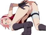  1girl anus arm_warmers ass bandage bare_shoulders bent_over black_boots black_gloves blush boots bottomless breasts gloves hand_on_ass haruno_sakura headband headdress holster looking_back looking_up naruto naruto_shippuuden navel open_toe_shoes pink_hair presenting pussy pussy_juice red_shirt sandals shirt simple_background sleeveless sleeveless_shirt solo thigh_holster thigh_strap top-down_bottom-up uncensored unzipped white_background zipper zone 