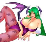  1girl absurdres blush breasts capcom demon_girl green_eyes green_hair highres huge_breasts large_breasts legs lips lying morrigan_aensland red_lips solo spread_legs succubus taiga00330 thick_thighs thighs vampire_(game) wings 