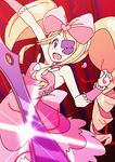  big_hair blonde_hair blue_eyes bow dress drill_hair earrings eyepatch foreshortening hair_bow harime_nui huge_bow jewelry kill_la_kill lens_flare life_fiber long_hair pink_bow red_disappointment scissor_blade smile solo thread twin_drills twintails wrist_cuffs 