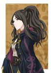  black_hair book brown_eyes character_name cloak copyright_name female_my_unit_(fire_emblem:_kakusei) fire_emblem fire_emblem:_kakusei gloves hood hood_down long_hair my_unit_(fire_emblem:_kakusei) ponytail sao_(saowee) signature smile solo 
