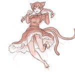  animal_ears barefoot blush bow braid cat_ears cat_tail feet full_body hair_bow highres jumping kaenbyou_rin kuro_suto_sukii looking_at_viewer monochrome multiple_tails open_mouth ribbon short_hair simple_background sketch solo tail touhou twin_braids white_background 