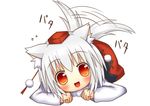  animal_ears bare_shoulders blush detached_sleeves happy hat hestia_(neko_itachi) inubashiri_momiji looking_at_viewer open_mouth orange_eyes pom_pom_(clothes) shirt short_hair silver_hair skirt smile solo tail tail_wagging tokin_hat touhou wolf_ears wolf_tail 