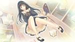  1girl black_hair blush book feet flowers_(game) highres innocent_grey legs library long_hair looking_down open_mouth orange_eyes school_uniform shoes socks solo surprised thighs 