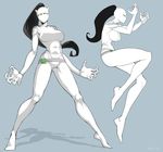  animal_hood ava_ayala bad_id bad_pixiv_id belt black_hair blue_eyes bodysuit breasts cat_hood claws highres hood large_breasts long_hair marvel monochrome ponytail skin_tight solo space_jin ultimate_spider-man white_tiger_(marvel) 