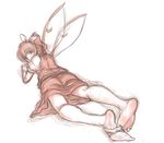  barefoot blush bow daiyousei dress fairy feet from_behind full_body hair_bow highres kuro_suto_sukii looking_at_viewer looking_back lying monochrome on_stomach short_hair side_ponytail simple_background single_sock sketch socks soles solo toes touhou undressing white_background wings 