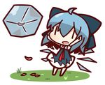  ahoge arms_up blue_hair bow cirno frozen grass hair_bow ice ice_wings nuu_(nu-nyu) open_mouth petals short_hair touhou wings |_| 