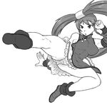  ankle_boots bare_shoulders boots breasts china_dress chinese_clothes detached_sleeves dress flying_kick greyscale guilty_gear hair_rings impossible_clothes impossible_dress kicking kuradoberi_jam large_breasts long_hair miniskirt monochrome panties pantyshot skirt solo thick_thighs thighs tsukudani_(coke-buta) underwear very_long_hair white_panties 