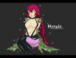  black_background breasts character_name claws copyright_name duel_monster feathered_wings feathers green_eyes harpie_lady harpy large_breasts letterboxed liht098hue long_hair monster_girl one_eye_closed open_mouth purple_legwear red_hair sitting solo sparkle wings yuu-gi-ou yuu-gi-ou_duel_monsters 